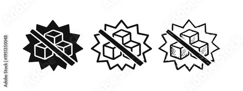 No sugar or sugar-free starburst badge icon set with two cubes for dietary restrictions