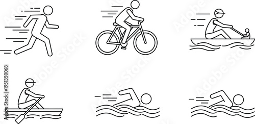 Sports and Fitness Icon Set – Vector Illustration of Running, Cycling, Rowing, and Swimming Activities for Exercise, Health, and Outdoor Sports