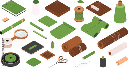 Isometric crafting tools set, sewing materials and DIY supplies collection, hobby equipment illustration, handmade design elements, creative workshop objects bundle