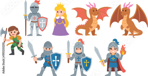 Medieval fantasy characters set with knights princess dragons and warrior, cartoon heroes collection, fairytale adventure illustration for kids design