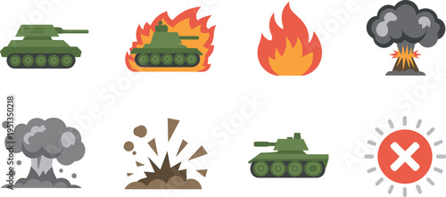 Military war icons set with tanks explosions fire and smoke, combat symbols collection, flat cartoon style battlefield illustration design