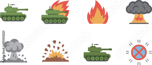 Military war icons set with tanks explosions fire and smoke clouds, combat symbols collection, flat cartoon battlefield illustration design
