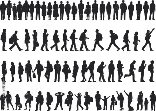 Large collection of diverse human silhouettes in walking and standing poses Keywords: silhouette, people, walking, standing