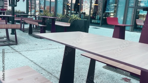 Empty Outdoor Food Court Tables And Benches Close Up