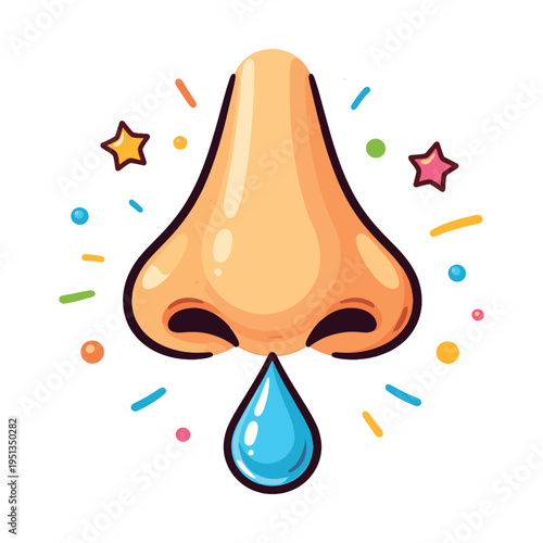 Runny nose with a visible drip, featuring colorful stars and dots, symbolizing illness, allergies, or health issues