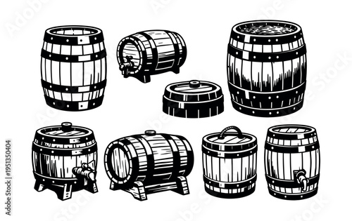 Various wooden barrels shown, with some featuring taps and stands. Useful for brewery, winery, and antique drink themes
