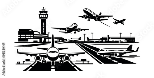 Busy airport featuring multiple airplanes in various stages of flight and ground movement, symbolizing global travel and aviation industry