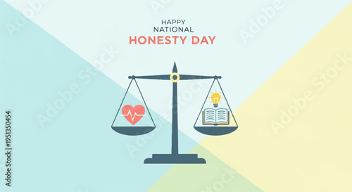 National honesty day concept with balance scale heart and money on each side symbolizing truth and integrity in finance on colorful background
