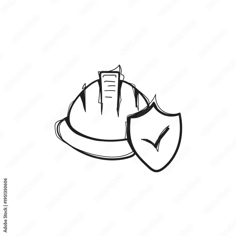 Fototapeta premium Safety Hard Hat with Shield Checkmark Hand Drawn Doodle Vector