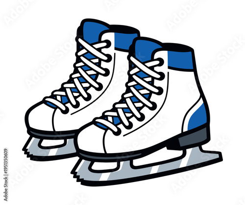 Pair of ice skates with white boots and blue accents, featuring sharp blades and laces for winter sports