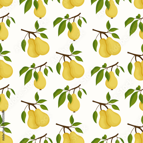 Bright yellow pears hang from brown branches. Green leaves add freshness to each branch. White background highlights the fruits' soft texture. Pattern repeats seamlessly across the entire image