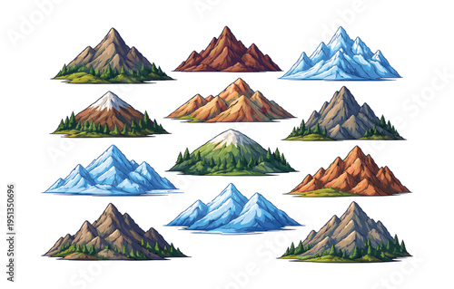Variety of stylized mountains with snow-capped peaks, forested hills, and rugged terrain ideal for outdoor themes