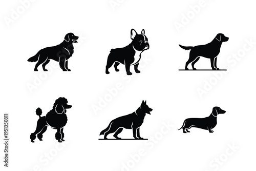 Vector Set of Dog Breed Silhouettes Including Golden Retriever, French Bulldog, Labrador, Poodle, German Shepherd, and Dachshund