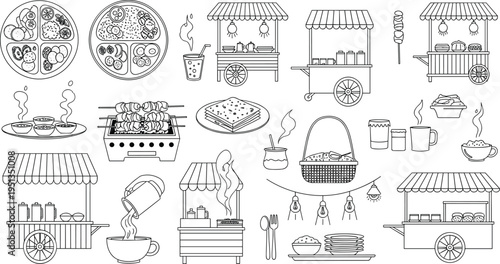 Street Food Market Icon Set with Food Stalls, Snacks, Drinks, Grilled Skewers and Traditional Fast Food Illustration Collection