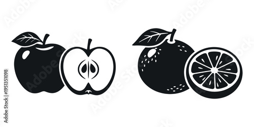 Fruit vector icons. Whole and sliced apples and oranges in black silhouette, ideal for health, food, and diet designs