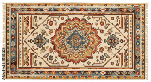 Vibrant traditional oriental rug with intricate floral patterns and colorful border on white background