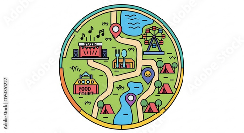 Colorful illustration of a festival map with attractions and food court