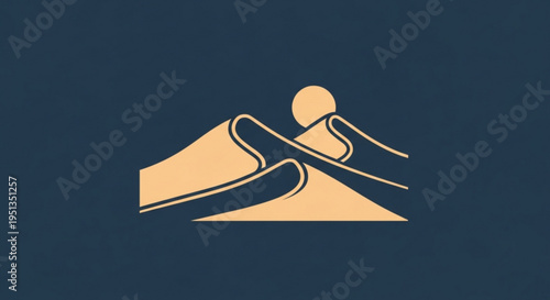Stylized illustration of a person surfing on abstract waves with sun dark blue background golden hues dynamic lines emotive graphic design element for creative projects