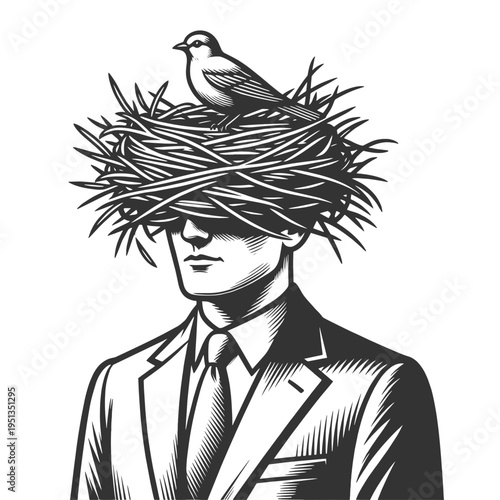 suited man with a bird nest covering his eyes, blindness, confusion, instinct, and hidden perception sketch engraving generative ai vector illustration. Scratch board imitation. Black and white image.