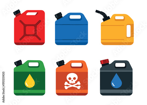 Collection of different colored jerry cans and fuel containers with handles, showing petroleum, chemicals, and warning signs