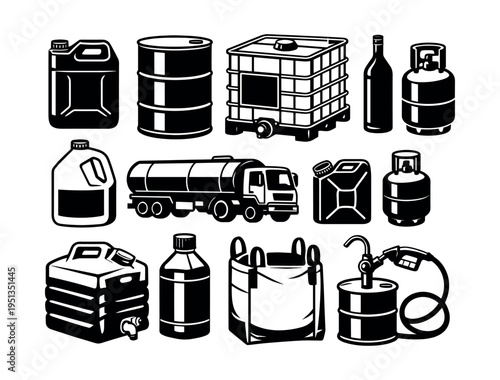 Industrial equipment and containers for liquids, fuel, gas, and chemicals, featuring barrels, cylinders, tankers, and IBC totes