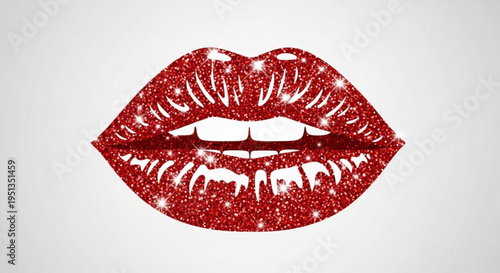 Glittery red lips with white teeth on a light gray background perfect for beauty and makeup concepts