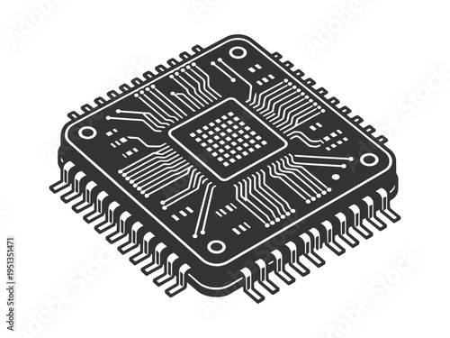 microchip with detailed circuit connections, representing computing power, digital technology, and modern electronics sketch engraving generative ai vector illustration. Scratch board. Black and white