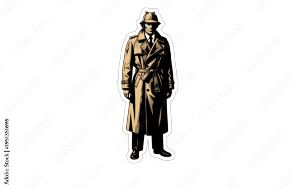 Obraz premium Disheveled 1970s TV Detective Trench Coat Silhouette, Classic Mystery Show Vector Sticker, Iconic Crumpled Fighter of Crime Illustration