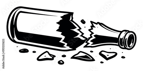 Broken glass bottle lying on the ground, pieces scattered around. Representing smashing, accident, vandalism, and hazardous debris