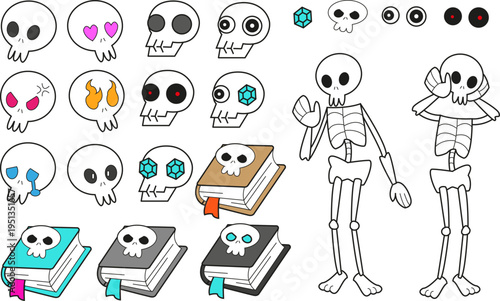 Comprehensive vector collection featuring cute skulls, full-body standing skeletons, and books with skull motifs, all with various facial expressions and editable elements. Versatile assets for quirky