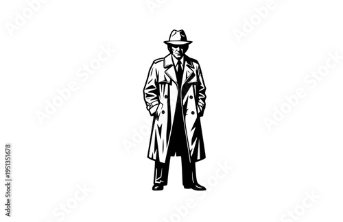 Disheveled 1970s TV Detective Trench Coat Silhouette, Classic Mystery Show Vector Sticker, Iconic Crumpled Fighter of Crime Illustration