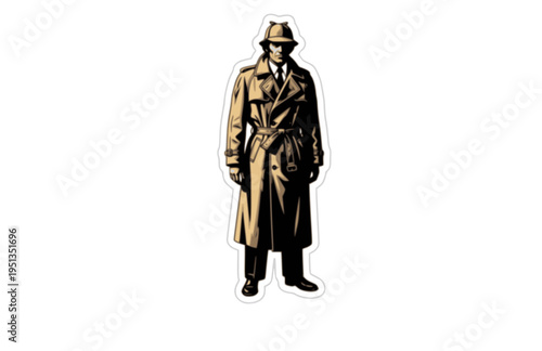 Disheveled 1970s TV Detective Trench Coat Silhouette, Classic Mystery Show Vector Sticker, Iconic Crumpled Fighter of Crime Illustration