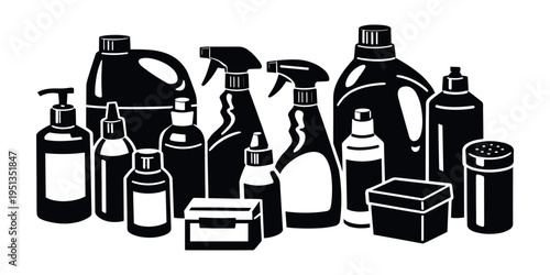 Grouping various household cleaning product bottles, sprayers, and containers. Sanitizing and purifying items for homes