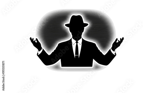 1960s Mystery TV Host with Skinny Tie Silhouette, Twilight Zone Style Vector Sticker, Analog Television Era Narrator Icon