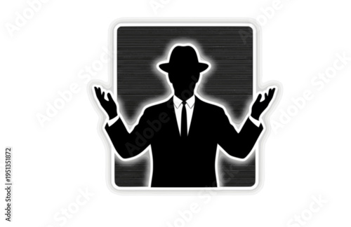 1960s Mystery TV Host with Skinny Tie Silhouette, Twilight Zone Style Vector Sticker, Analog Television Era Narrator Icon