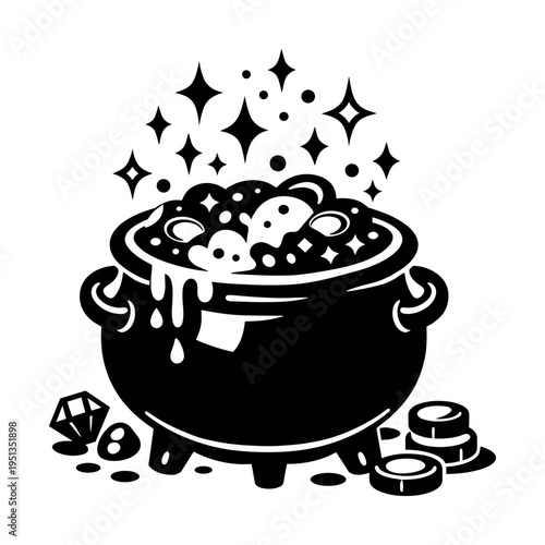 Cauldron simmering a mystical elixir, shimmering with celestial energy and precious treasures enhancing the magic
