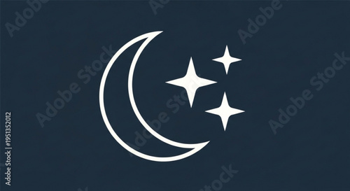 Crescent moon with three stars on dark blue background symbolizing night sky and celestial magic