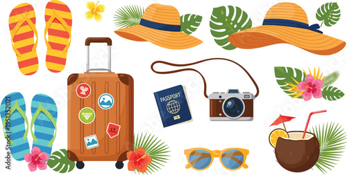 Summer Travel Vacation Set Featuring Suitcase Passport Camera Flip Flops Sun Hat Sunglasses Tropical Leaves Coconut Drink and Holiday Adventure Elements Vector Illustration