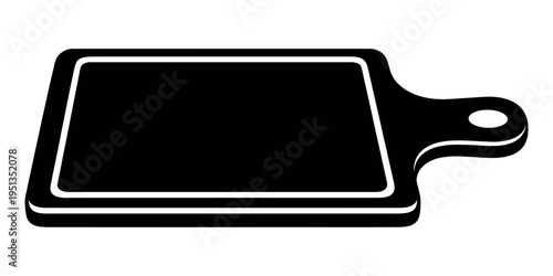 Black silhouette cutting board featuring a kitchen tool used for preparing, cooking, and serving food in a simple flat icon design