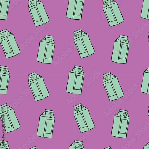 Milk box seamless pattern, vector illustration. Yogurt, milk or kefir in a box on a lilac background. Ideal for backgrounds, culinary projects or menus