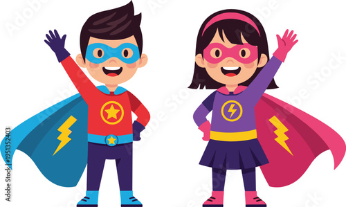 Superhero Kids Icon Set – Vector Illustration of Boy and Girl in Colorful Costumes, Capes, and Masks for Superhero, Kids, and Fun Themes