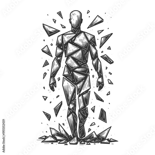 human figure made entirely of fractured glass pieces, emotional pain, vulnerability, psychological crisis, and inner collapse sketch engraving generative ai vector illustration. Black and white image.