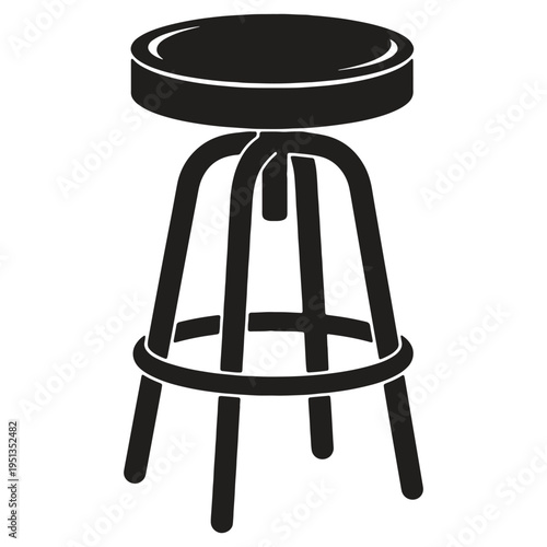 Black metal bar stool with round seat and four legs isolated on transparent background