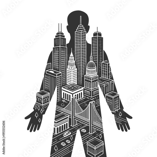 human figure composed of urban buildings, city life, identity, architecture, and urbanization concepts sketch engraving generative ai vector illustration. Scratch board imitation. Black and white.