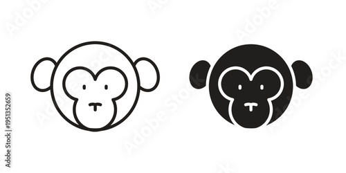 Monkey icon set. outlined and solid flat clipart versions.