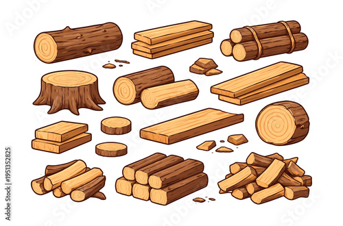 Wood material collection presenting various timber products like logs, milled lumber planks, cut stumps, and firewood piles