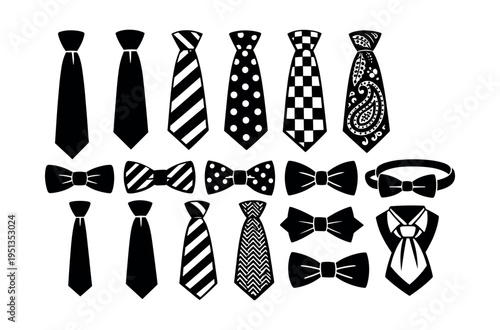 Collection of men's neckties, bowties, and a cravat, showing different shapes and patterns for formal and business wear
