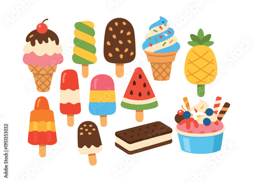 Selection of frozen treats and sugary snacks, such as ice cream cones, popsicles, and ice cream sandwiches, set against a white backdrop