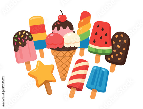 Collection of various sweet and cold summer desserts. Enjoying refreshing ice lollies and an ice cream on a hot day