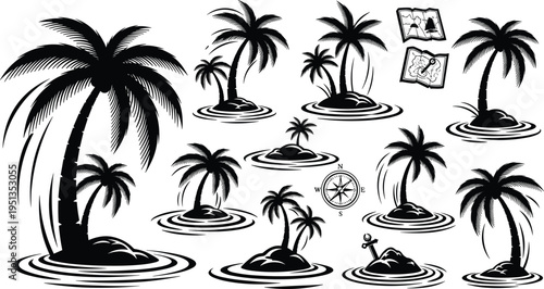 Tropical Island with Compass, Map, and Palm Trees Icon Set for Adventure, Exploration, and Travel Designs